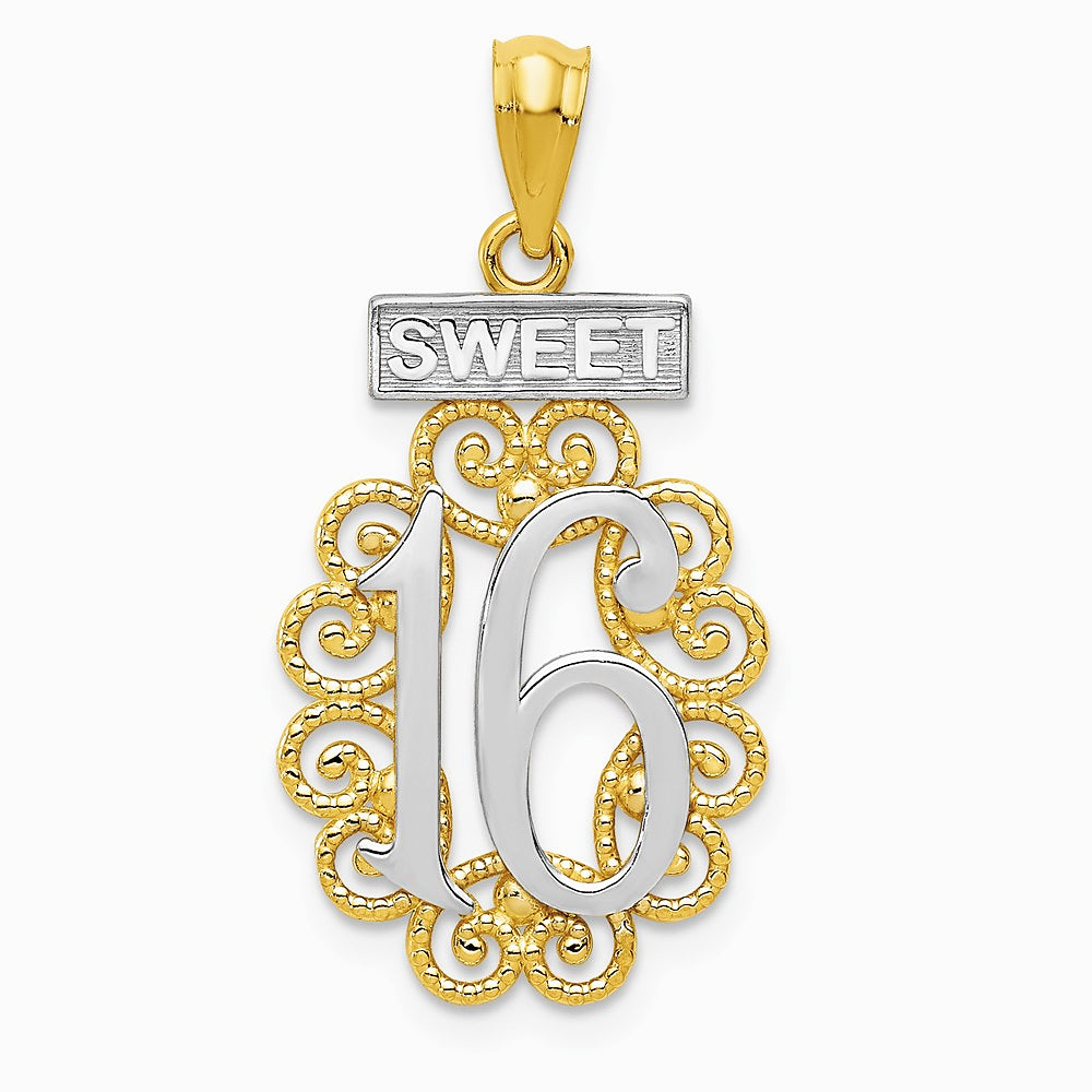 14K Yellow & Rhodium with Rhodium Filigree SWEET 16 Pendant - Product Photo