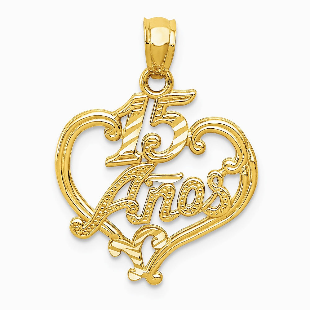 14K Yellow Gold Diamond-cut 15 ANOS Heart Pendant