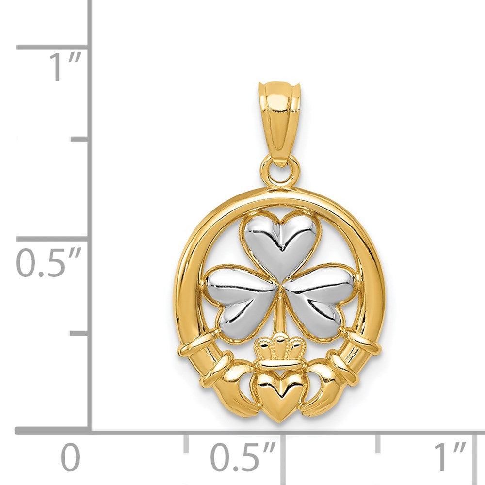 14k Rhodium-plated Shamrock and Claddagh Pendant - Product Photo