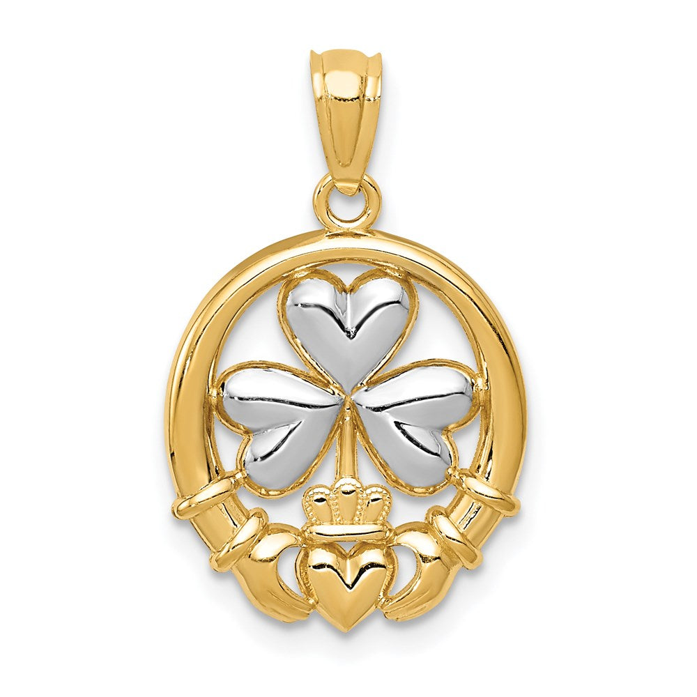 14k Rhodium-plated Shamrock and Claddagh Pendant - Product Photo