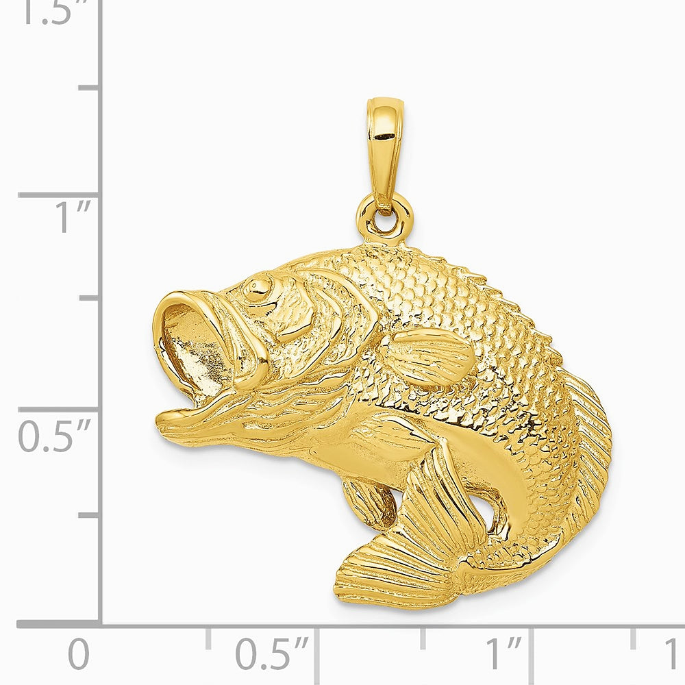 10K / 14K Yellow Gold Bass Fish Jumping Pendant - Product Photo