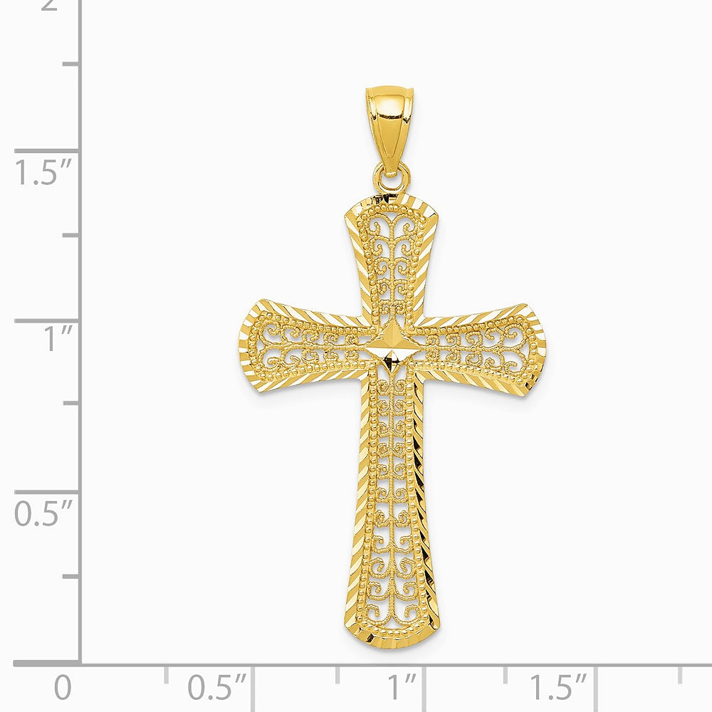 14K Yellow Gold Diamond-cut Filigree Cross Pendant - Product Photo