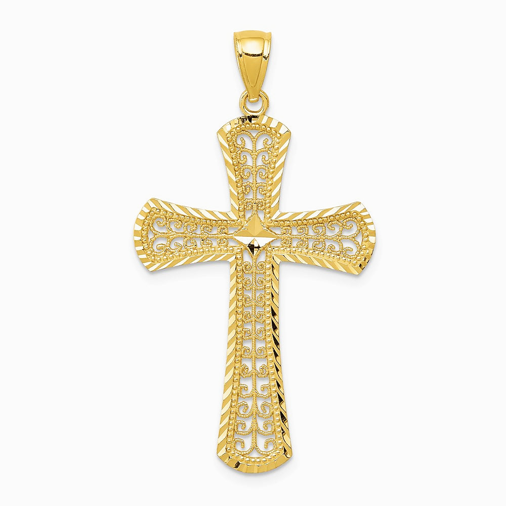 14K Yellow Gold Diamond-cut Filigree Cross Pendant - Product Photo