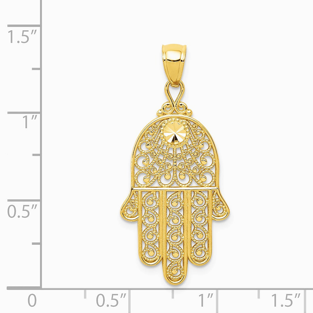 14K Yellow Gold Diamond-cut Filigree Chamseh Pendant - Product Photo