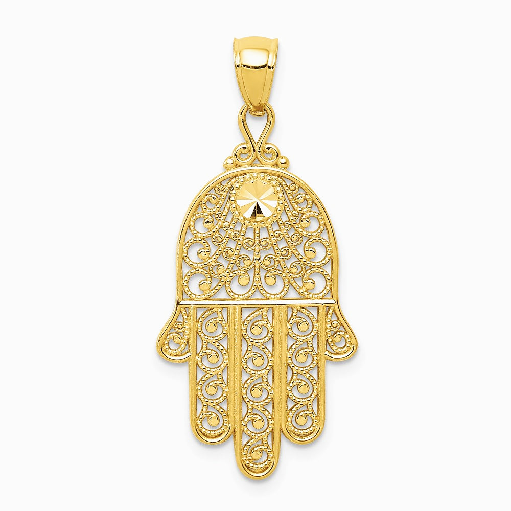 14K Yellow Gold Diamond-cut Filigree Chamseh Pendant - Product Photo