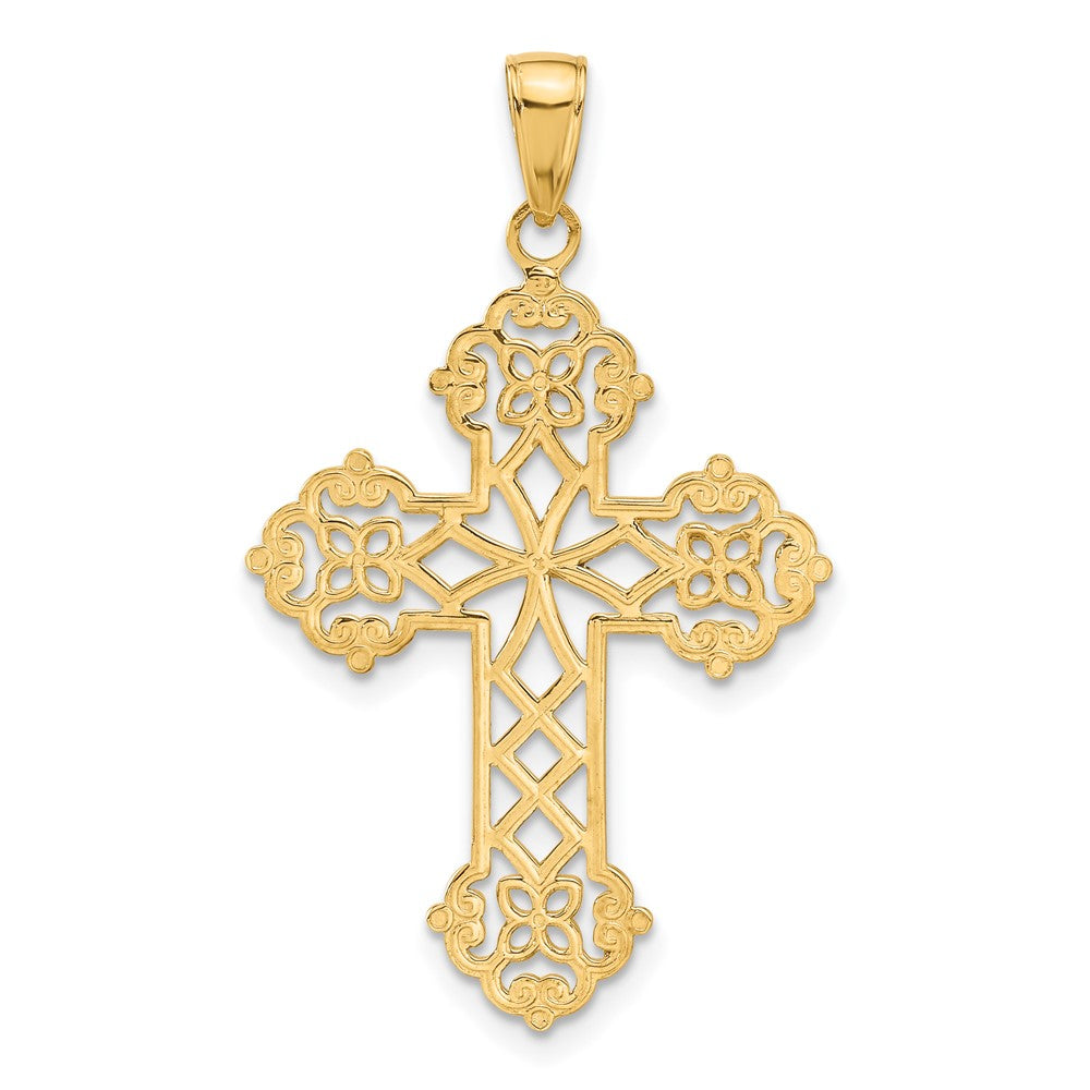 14K Yellow Gold Lacey Budded Cross Pendant - Product Photo