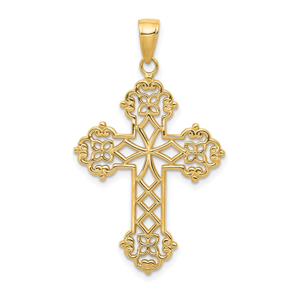 14K Yellow Gold Lacey Budded Cross Pendant - Product Photo