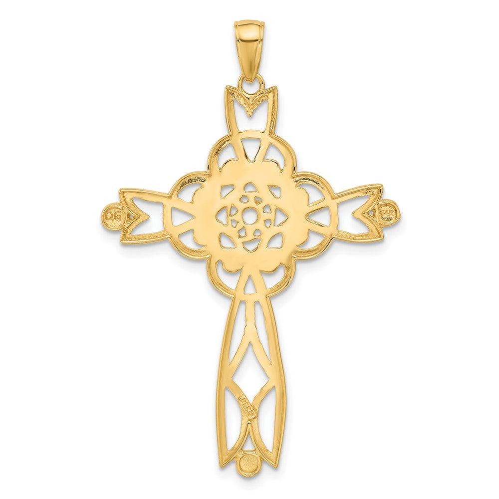 14K Yellow & Rhodium with Rhodium Diamond-cut Beaded Trim Infinity Cross Pendant - Product Photo