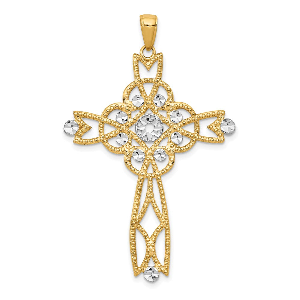 14K Yellow & Rhodium with Rhodium Diamond-cut Beaded Trim Infinity Cross Pendant - Product Photo