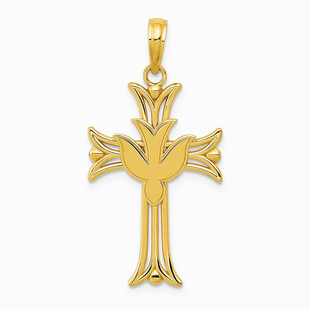 14K Yellow Gold Dove on Cross Pendant - Product Photo