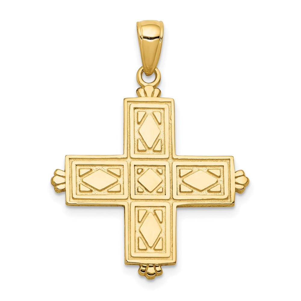 14K Yellow Gold Etched Square Cross with Crown Tips Pendant - Product Photo