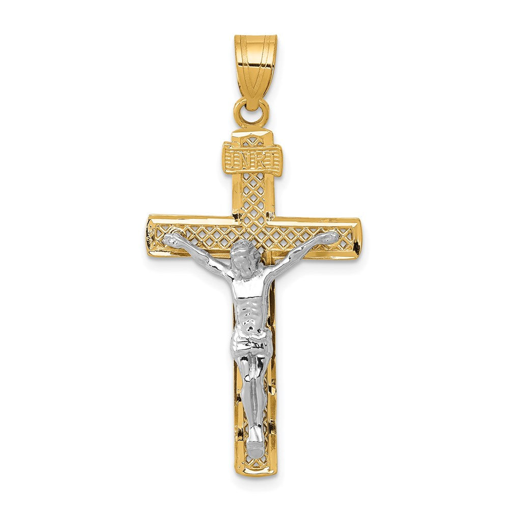 10K / 14K Two-tone Diamond-Cut Large Block Lattice Cross with Crucifix Pendant - Product Photo