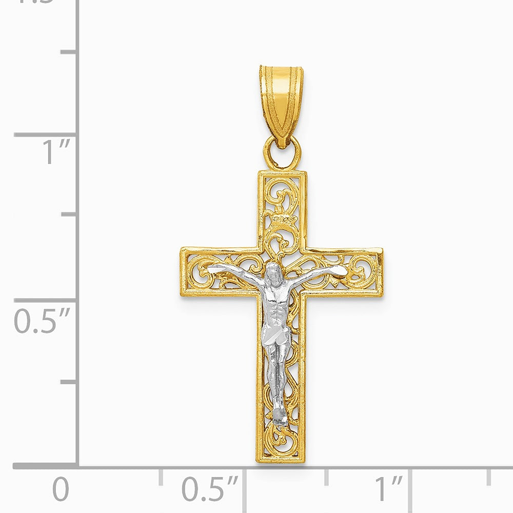 14K Two-Tone Diamond-Cut Small Block Filigree Crucifix Pendant - Product Photo
