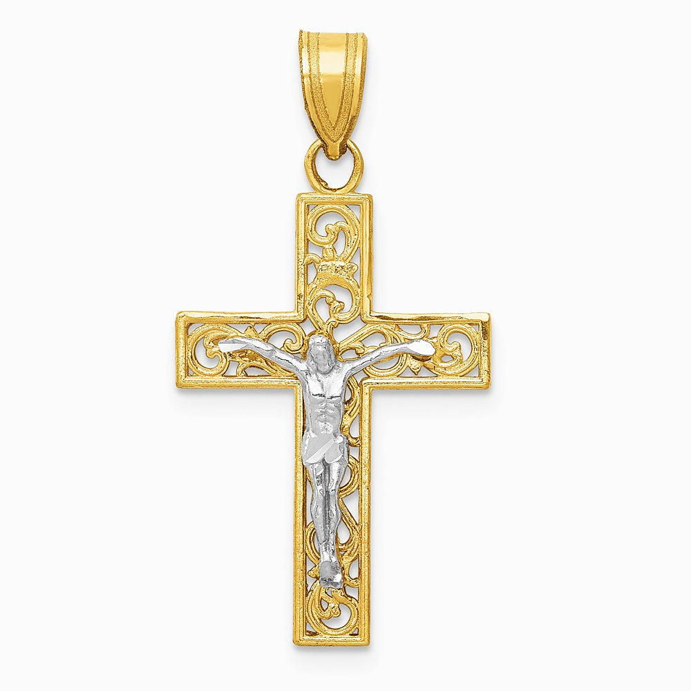 14K Two-Tone Diamond-Cut Small Block Filigree Crucifix Pendant - Product Photo