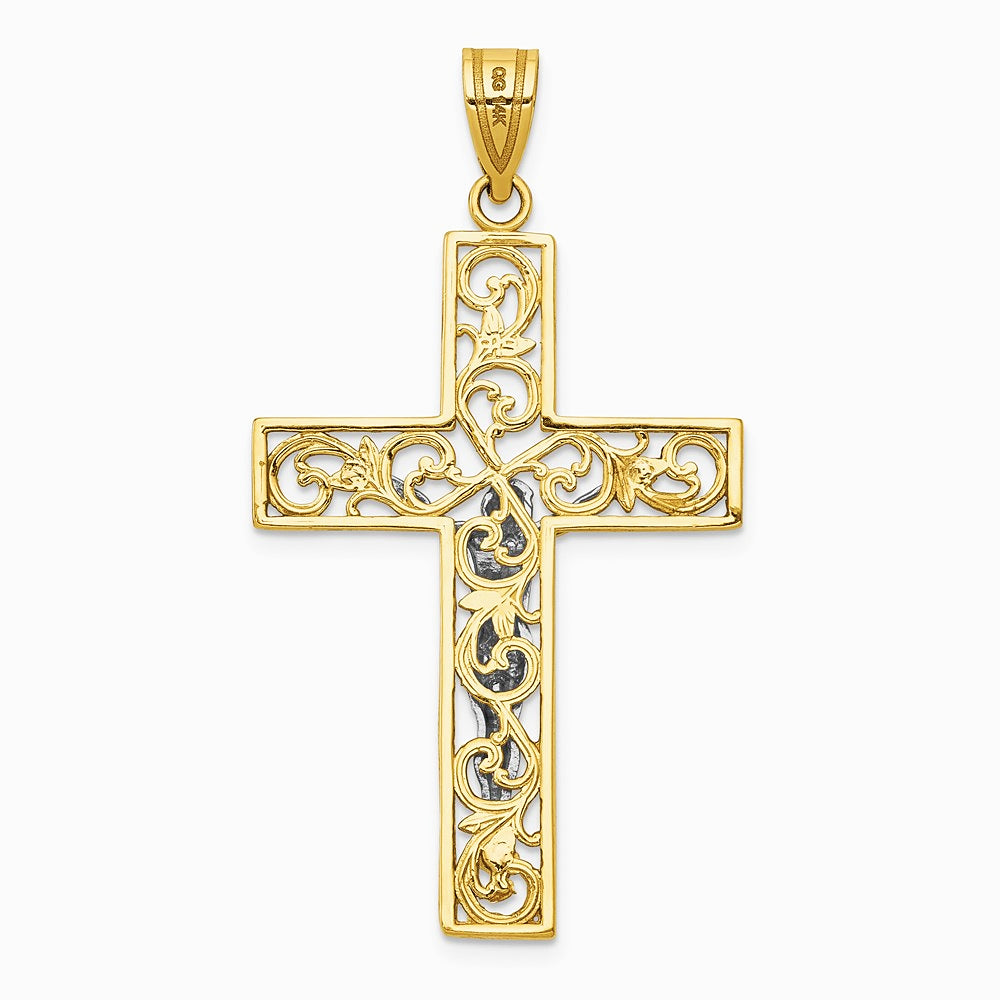 10K / 14K Two-tone Diamond-Cut Large Block Filigree Cross with Crucifix Pendant - Product Photo