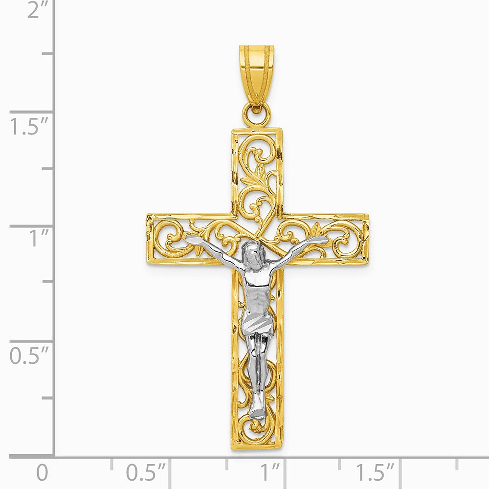 10K / 14K Two-tone Diamond-Cut Large Block Filigree Cross with Crucifix Pendant - Product Photo