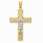 10K / 14K Two-tone Diamond-Cut Large Block Filigree Cross with Crucifix Pendant - Product Photo