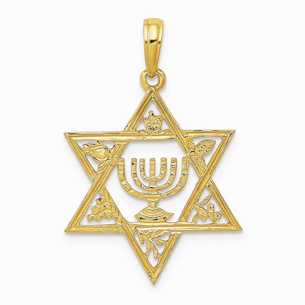 10K / 14K Yellow Gold Star of David with Menorah Pendant - Product Photo