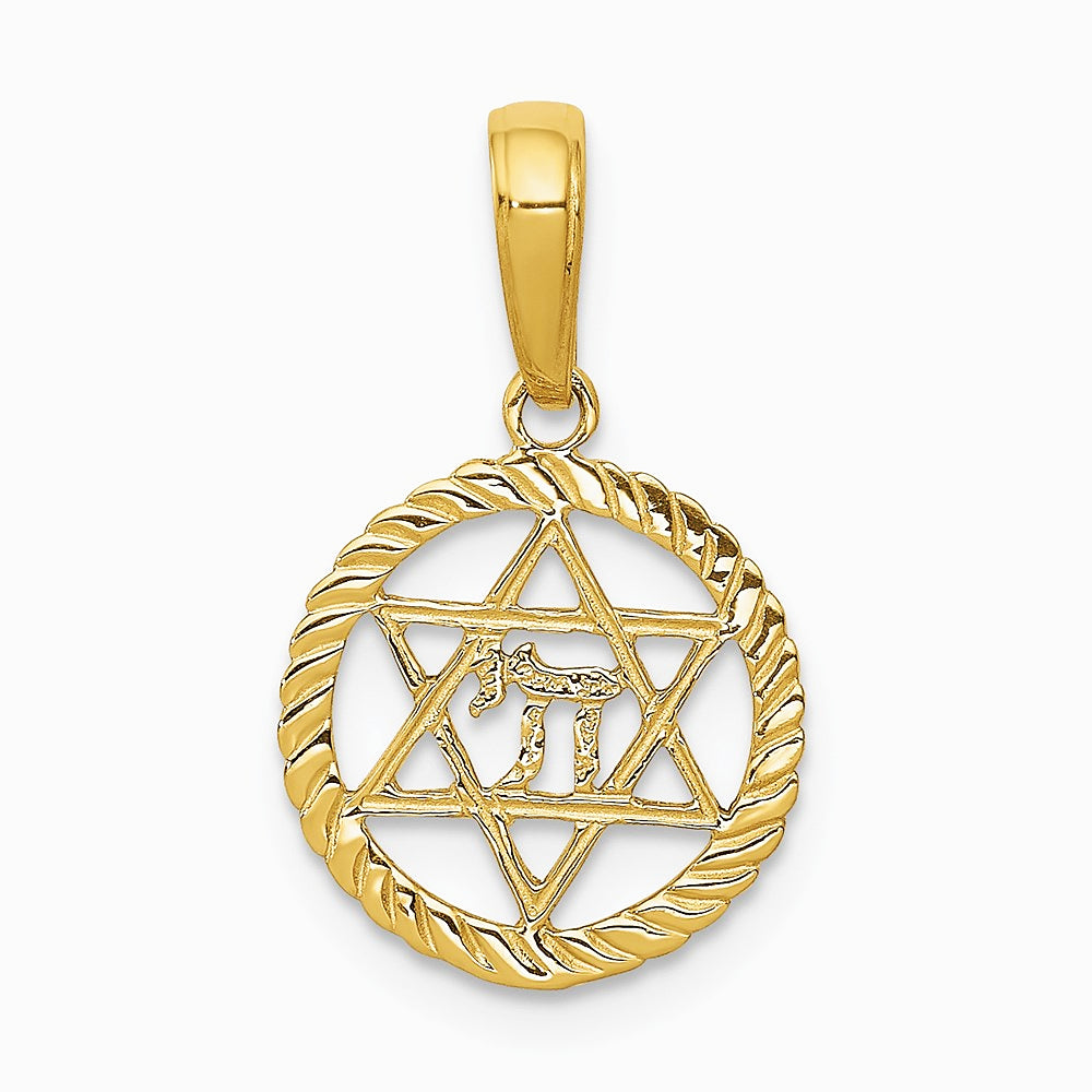 10K / 14K Yellow Gold Star Of David And Chai In Circle Pendant - Product Photo