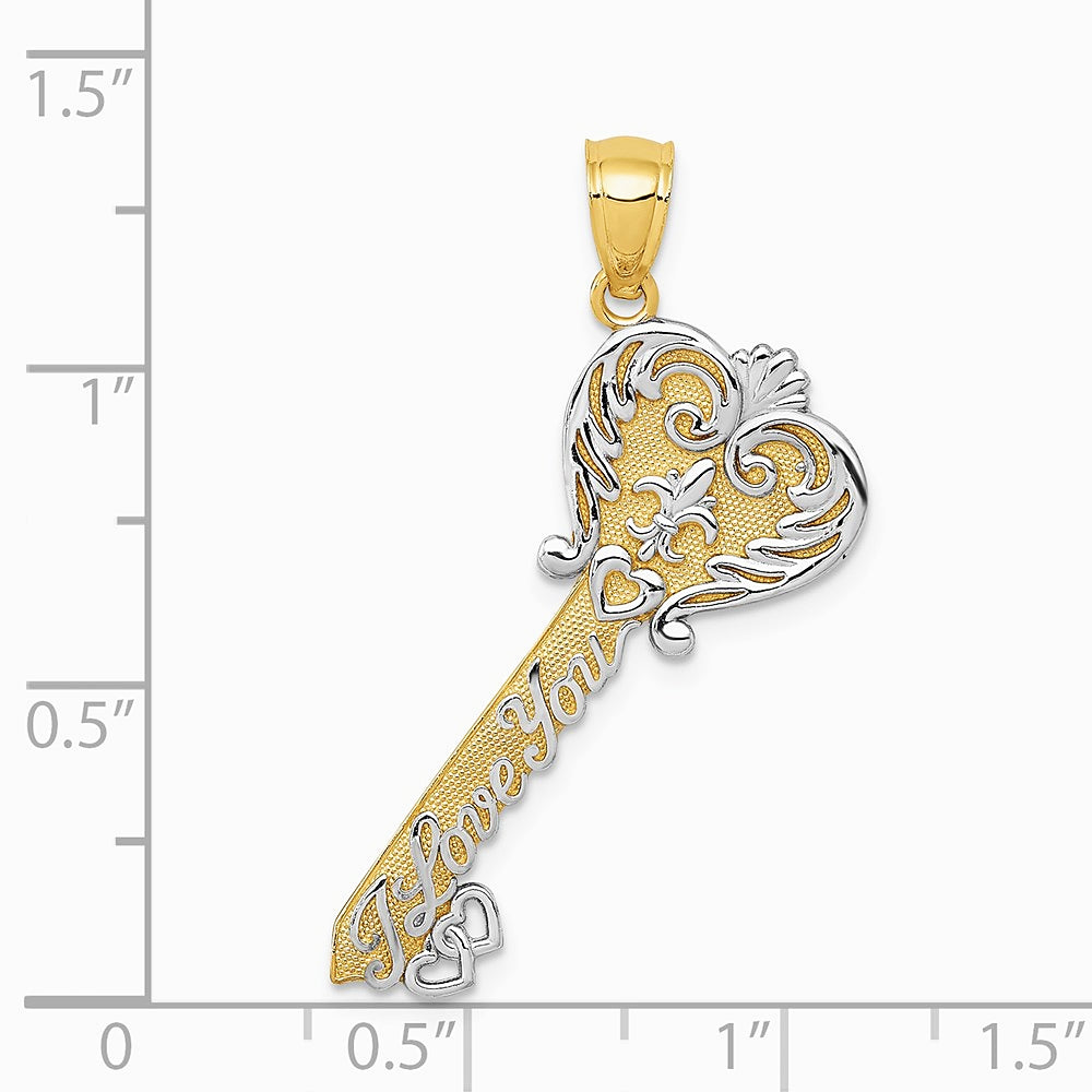 14K Yellow & Rhodium with White Rhodium Pol. I LOVE YOU Filigree Heart Key Charm - Product Photo