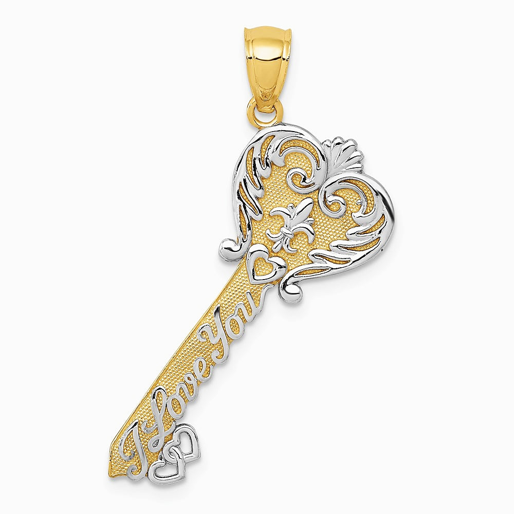 14K Yellow & Rhodium with White Rhodium Polished I LOVE YOU Filigree Heart Key Charm