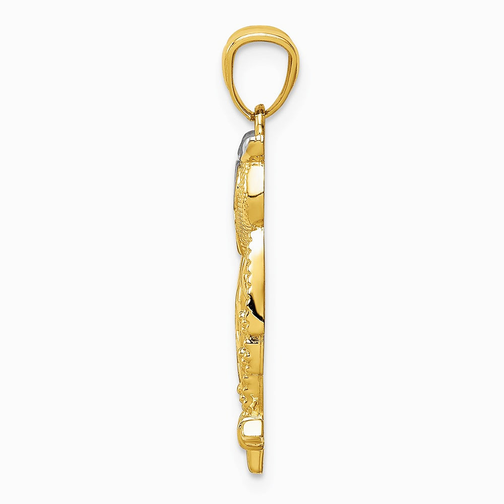 14K Yellow Gold Rhodium Diamond Cut Owl Pendant - Product Photo