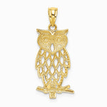 14K Yellow Gold Rhodium Diamond Cut Owl Pendant - Product Photo