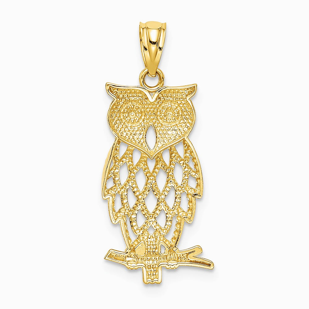 14K Yellow Gold Rhodium Diamond Cut Owl Pendant - Product Photo