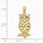 14K Yellow Gold Rhodium Diamond Cut Owl Pendant - Product Photo