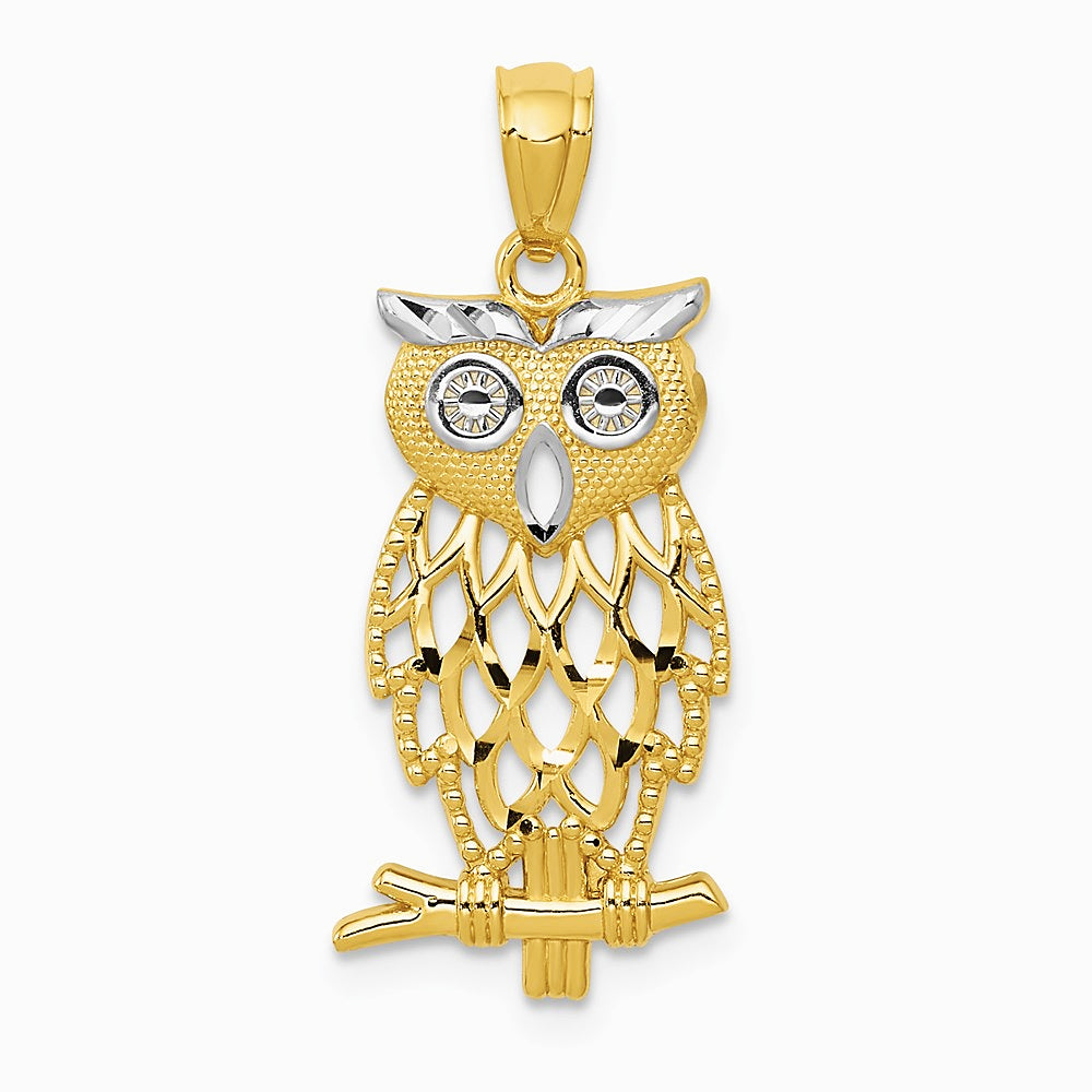 14K Yellow Gold Rhodium Diamond Cut Owl Pendant - Product Photo