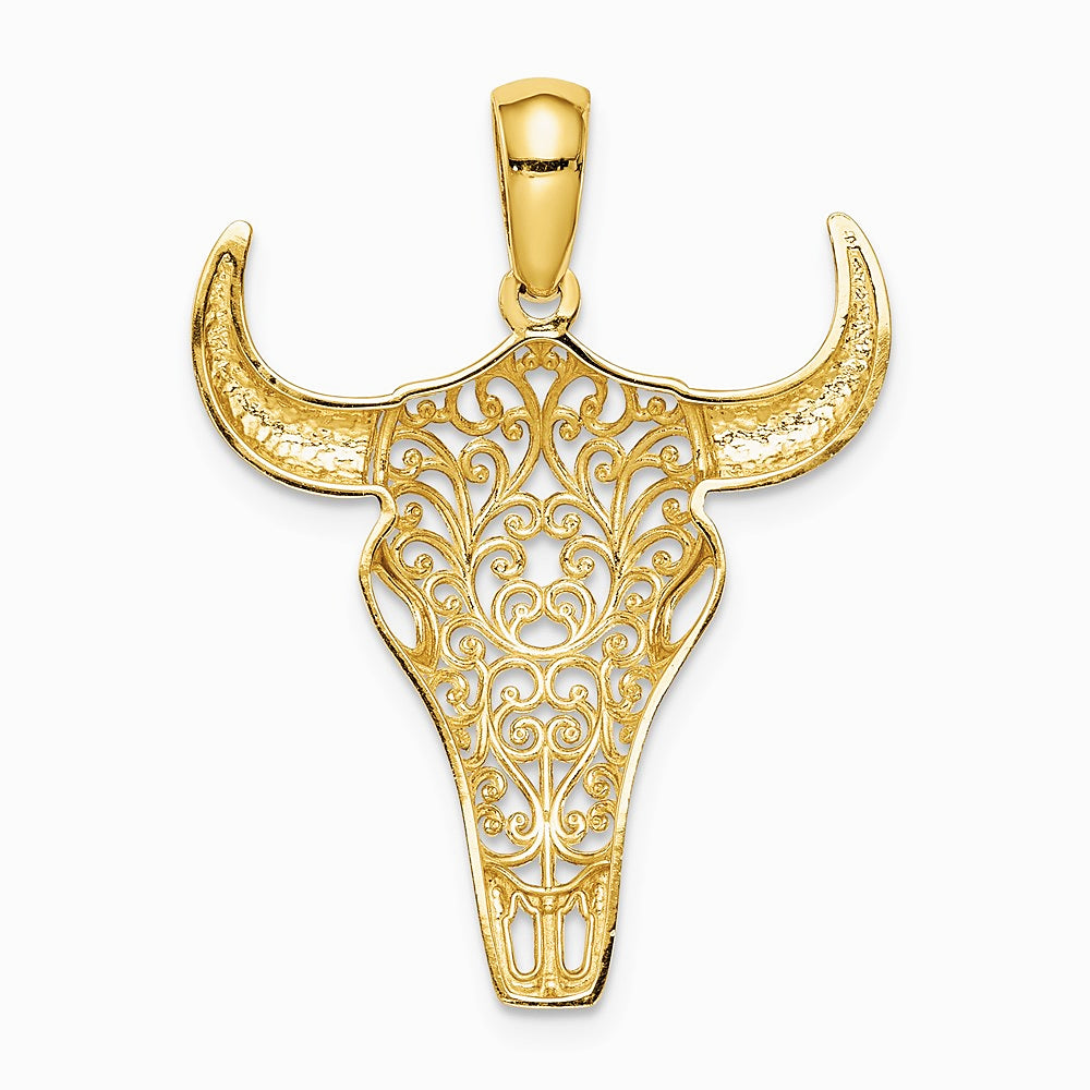 14K Yellow Gold Filigree Steer Skull Pendant - Product Photo