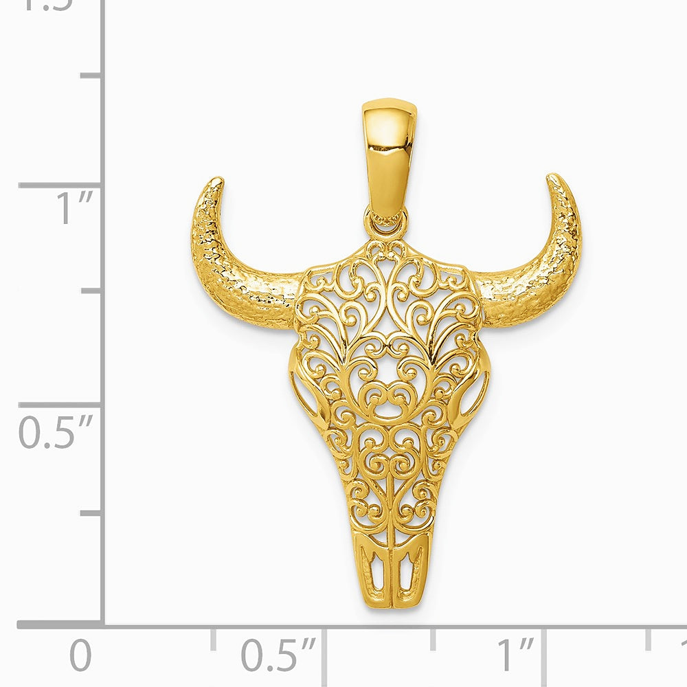 14K Yellow Gold Filigree Steer Skull Pendant - Product Photo