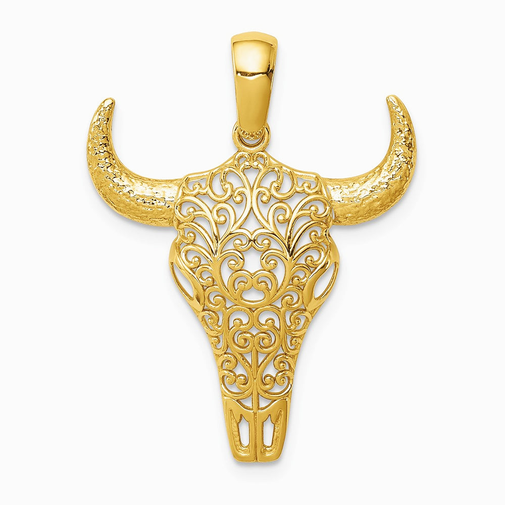 14K Yellow Gold Filigree Steer Skull Pendant - Product Photo