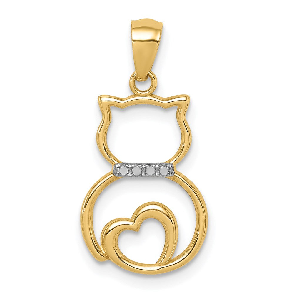 14K Yellow & Rhodium White Rhodium Diamond-cut Sitting Cat Pendant