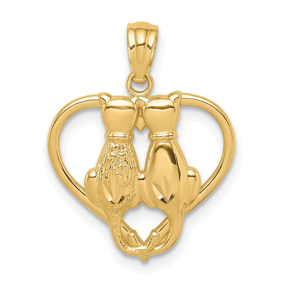 14K Yellow Gold Sitting Cats in a Heart Pendant