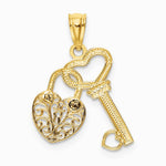 14K Two-tone Polished Filigree Heart Lock and Diamond-cut Key Charm - Product Photo