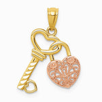 14K Two-tone Polished Filigree Heart Lock and Diamond-cut Key Charm - Product Photo
