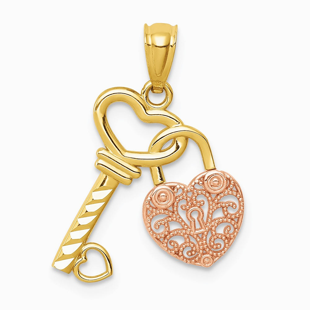 14K Two-tone Polished Filigree Heart Lock and Diamond-cut Key Charm