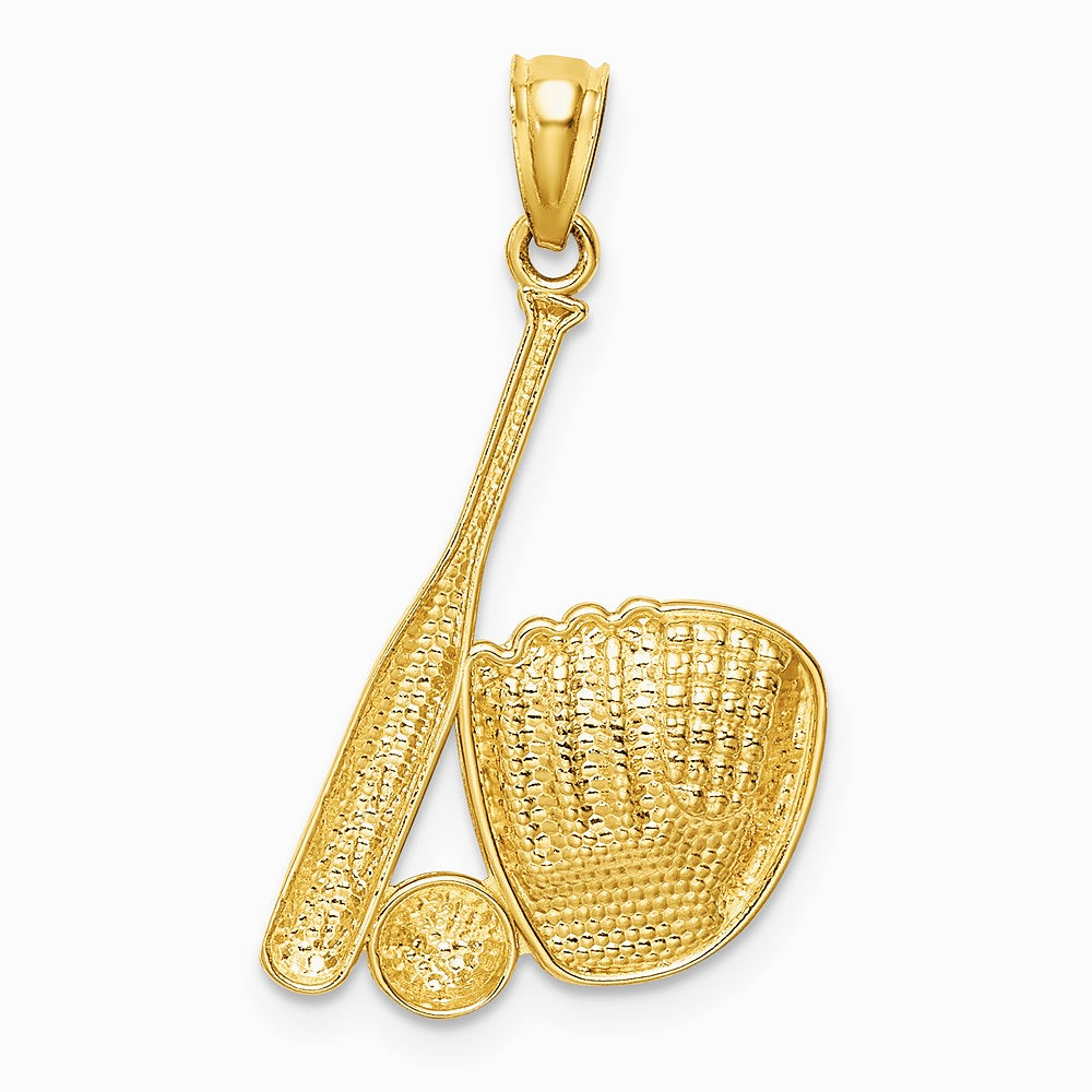 14K Yellow & Rhodium White Rhodium Baseball Glove Bat Ball Pendant - Product Photo