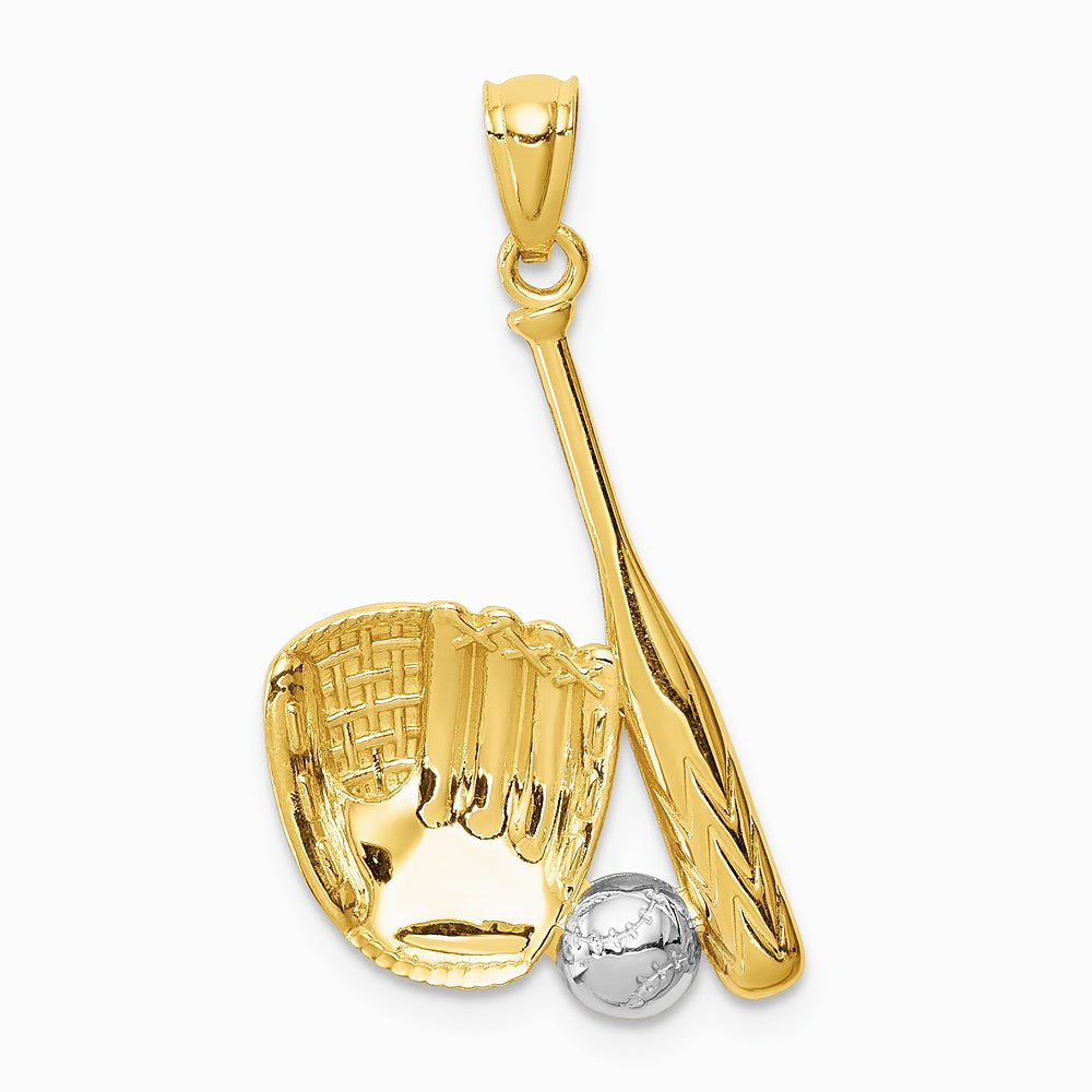 14K Yellow & Rhodium White Rhodium Baseball Glove Bat Ball Pendant - Product Photo