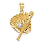 14K D/C White Rhodium Baseball Bat Glove Ball Pendant - Product Photo