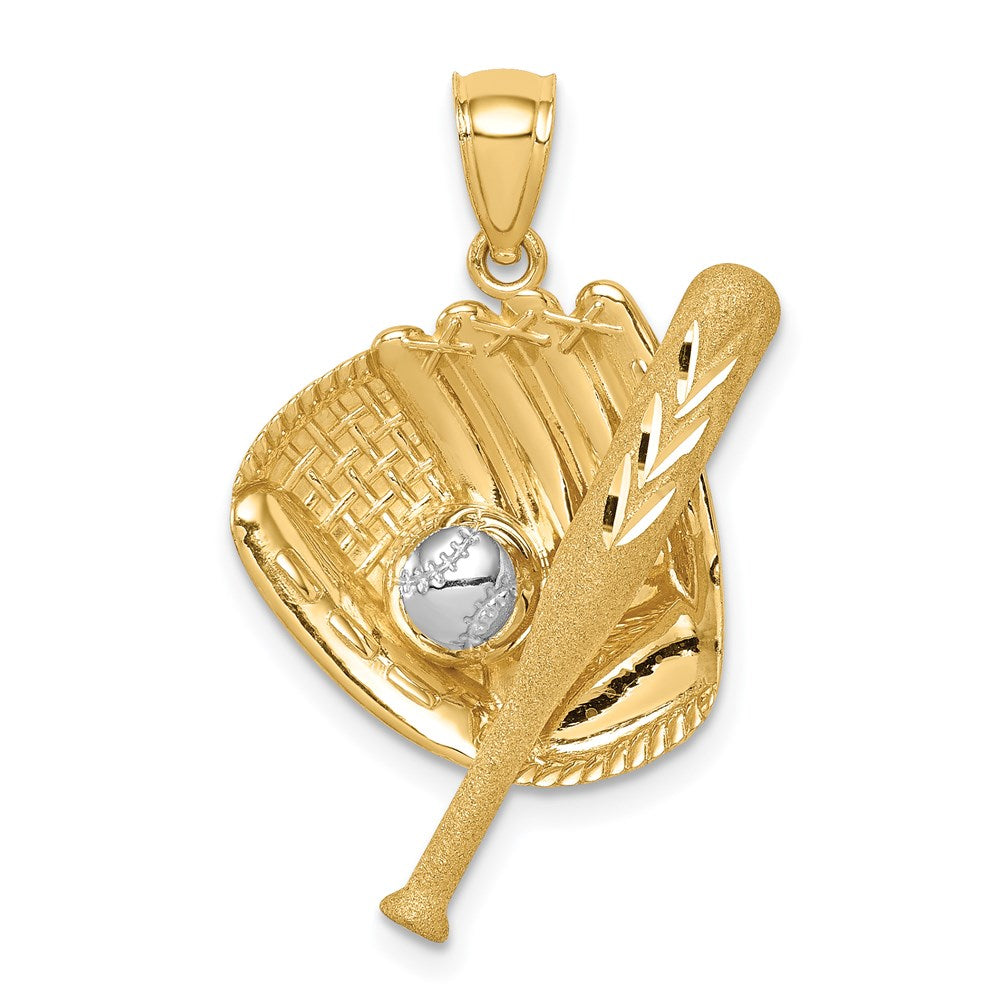 14K D/C White Rhodium Baseball Bat Glove Ball Pendant - Product Photo