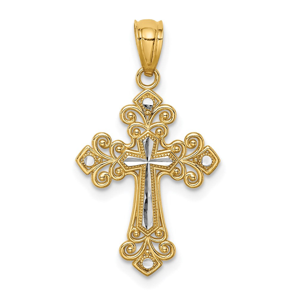 14K Yellow & Rhodium with White Rhodium Diamond-Cut Cross Pendant