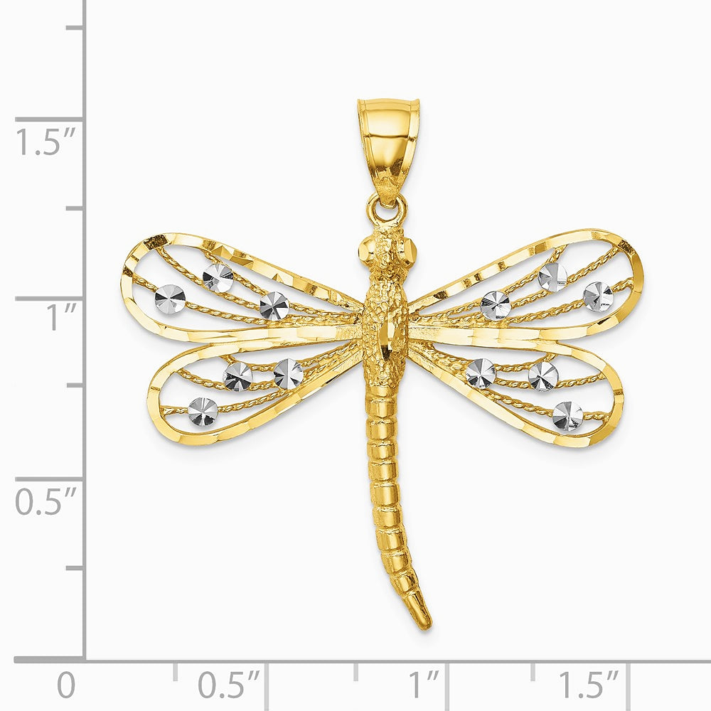 14K Yellow & Rhodium Diamond-cut White Rhodium Dragonfly Pendant - Product Photo