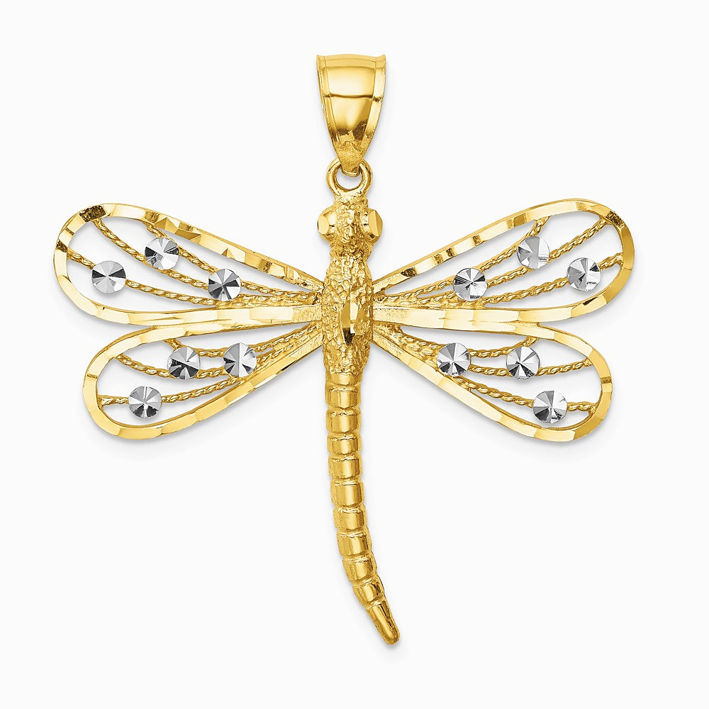 14K Yellow & Rhodium Diamond-cut White Rhodium Dragonfly Pendant - Product Photo