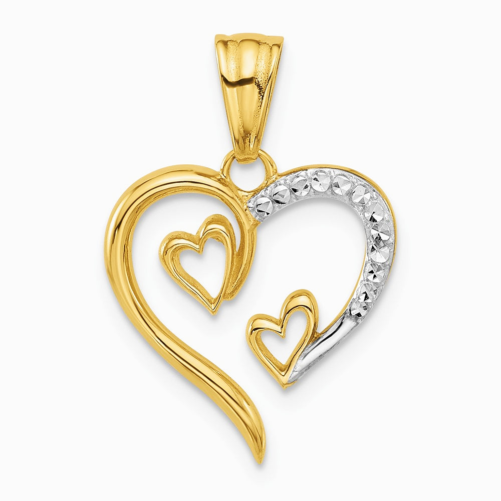 14K Yellow & Rhodium with White Rhodium Diamond-cut Open Hearts Pendant