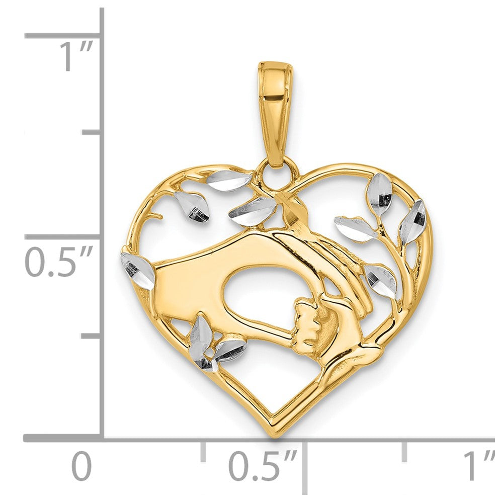 14K Yellow & RH and White RH Diamond-Cut Mother and Child Hands in Heart Pendant - Product Photo