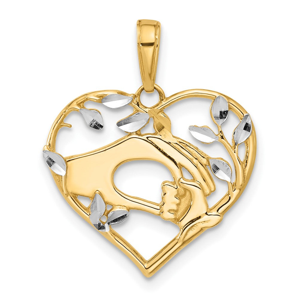 14K Yellow & RH and White RH Diamond-Cut Mother and Child Hands in Heart Pendant