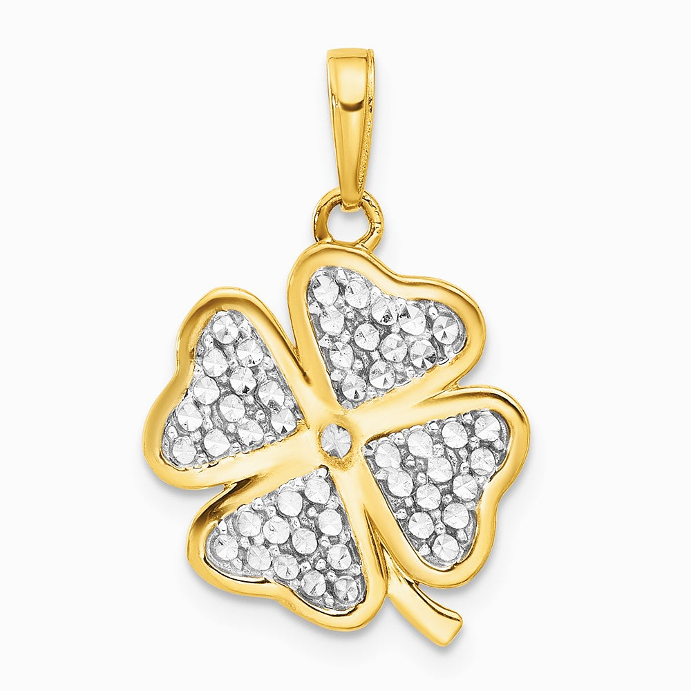 14K Yellow & RH and White RH Pol. and Diamond-Cut 4-Leaf Clover Pendant - Product Photo