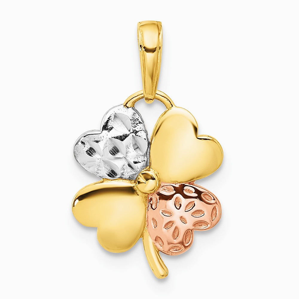 14K Yellow & RH with Rose and White RH Pol. and Diamond-Cut Clover Pendant - Product Photo